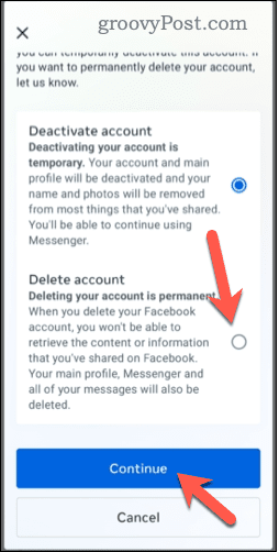انتخاب حذف حساب فیس بوک در تلفن همراه