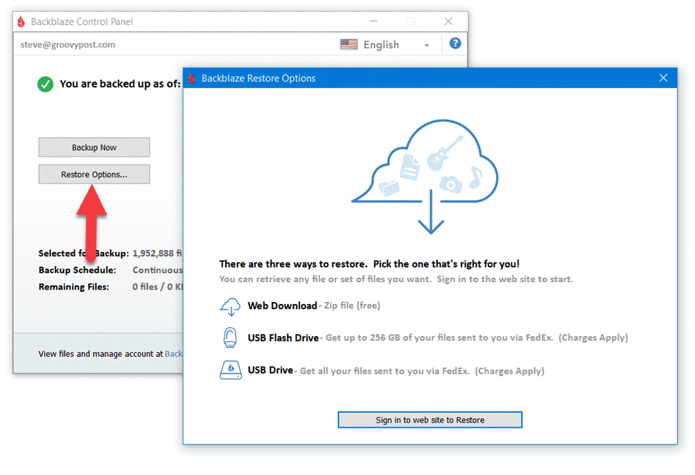 گزینه های backblaze-restore