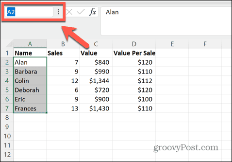 جعبه نام اکسل