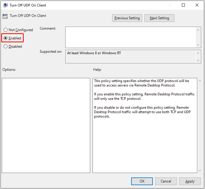 خاموش کردن UDP را در مشتری فعال کنید