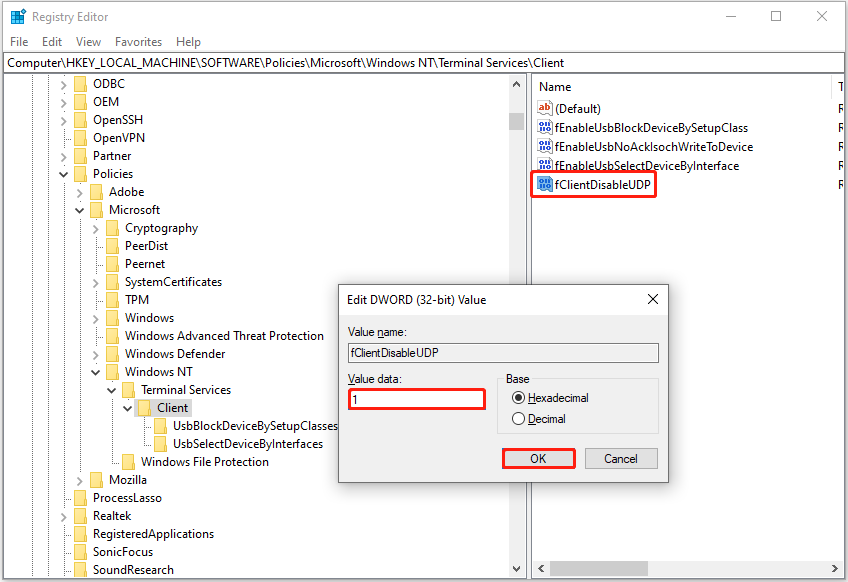 داده های مقدار fclientDisableUdp را 1 تنظیم کنید