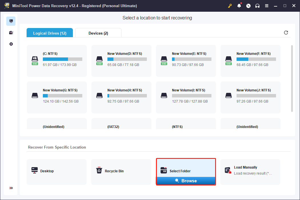 انتخاب پوشه را در بازیابی داده های Minitool Power انتخاب کنید