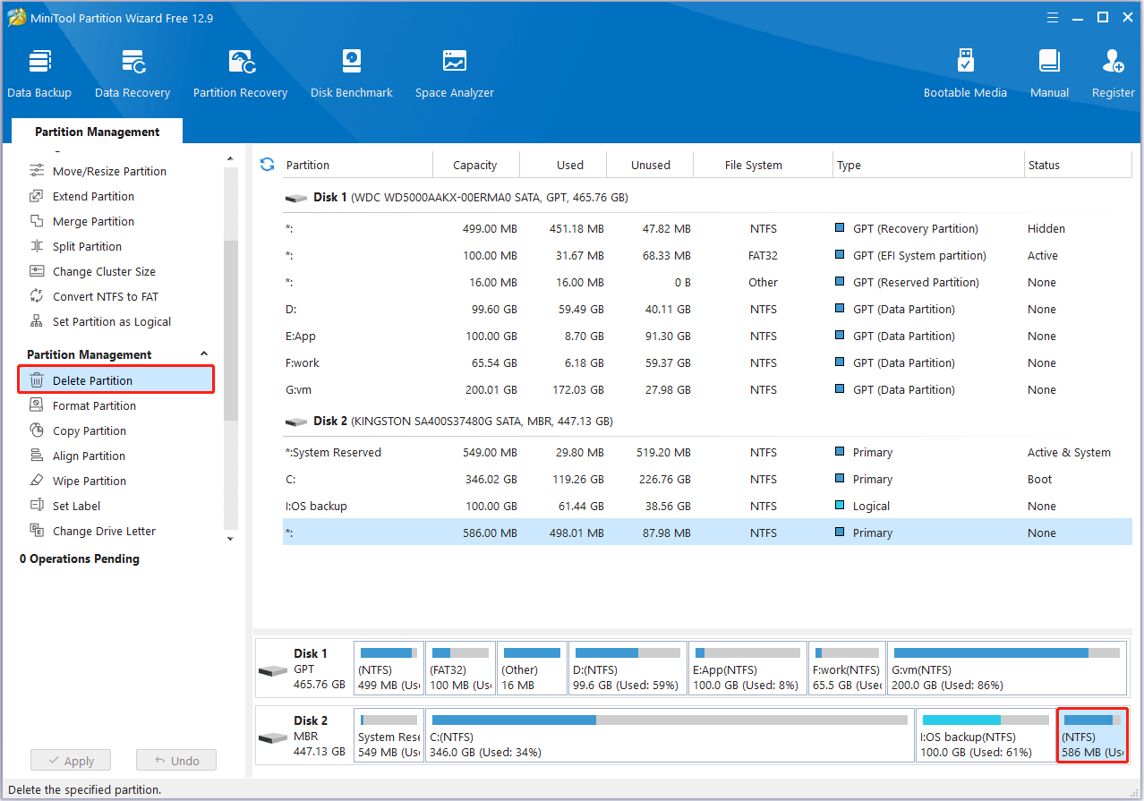پارتیشن بازیابی را در جادوگر Partition Minitool حذف کنید