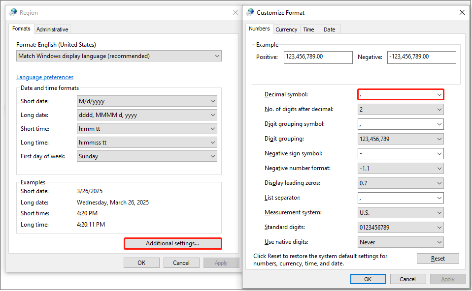 نماد اعشار را روی یک نقطه تنظیم کنید