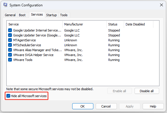مخفی کردن همه خدمات مایکروسافت را بررسی کنید