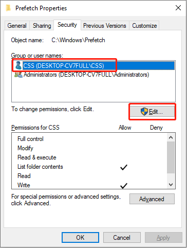 برای تغییر مجوزهای حساب ، روی ویرایش کلیک کنید
