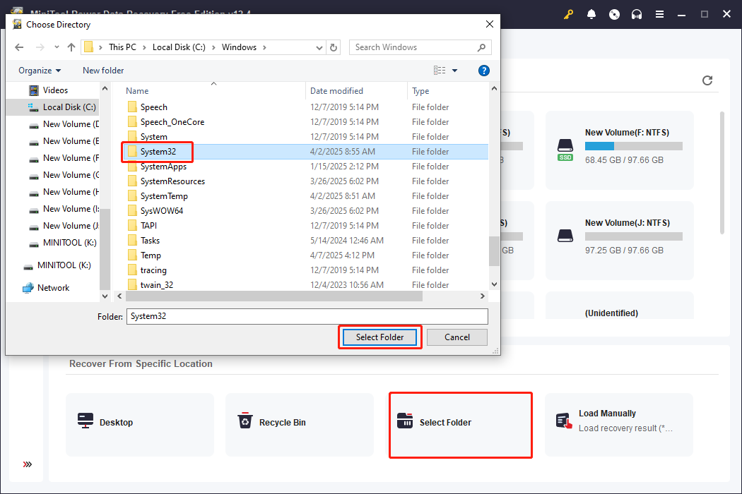 پوشه System32 را با استفاده از بازیابی اطلاعات Minitool Power اسکن کنید