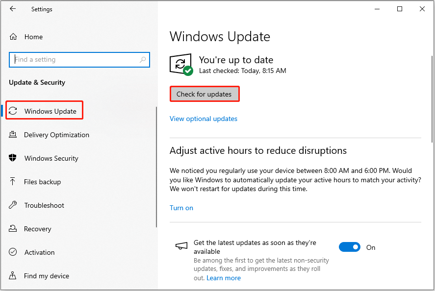 به روزرسانی های ویندوز را در تنظیمات بررسی کنید