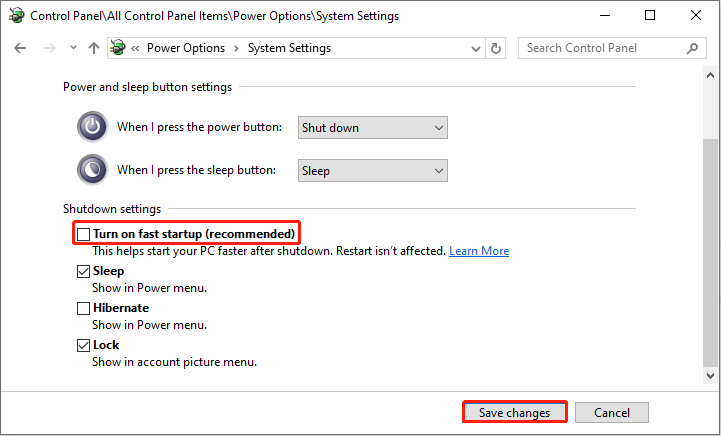 راه اندازی سریع را خاموش کنید