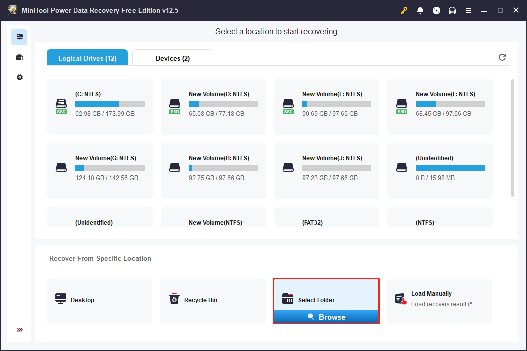 پوشه خاص را برای بازیابی پرونده ها با بازیابی داده های قدرت minitool اسکن کنید