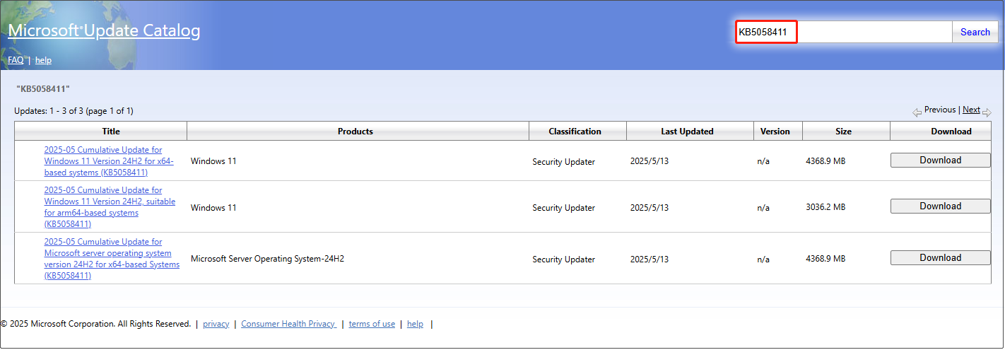 بارگیری KB5058411 از کاتالوگ به روزرسانی مایکروسافت