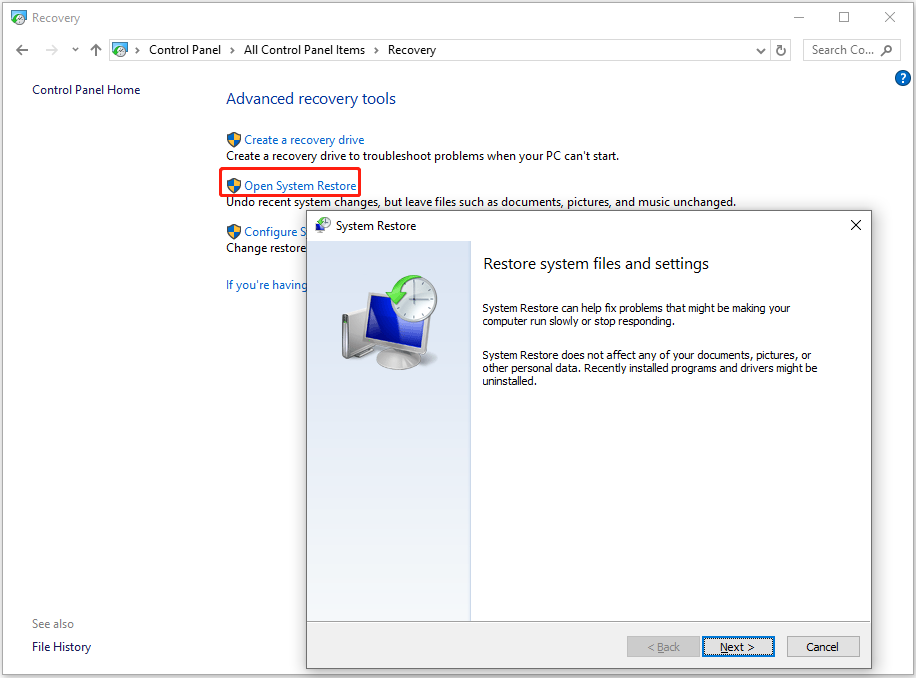 بازیابی سیستم را از کنترل پنل انجام دهید