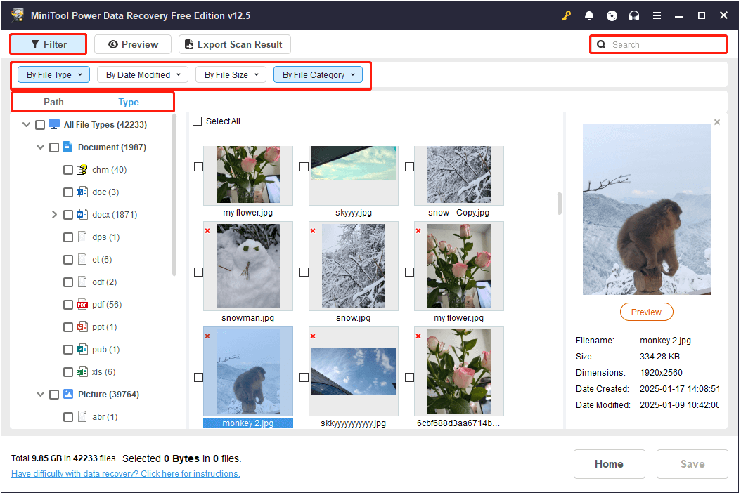 مسیر ، نوع ، فیلتر و جستجو در بازیابی اطلاعات قدرت Minitool