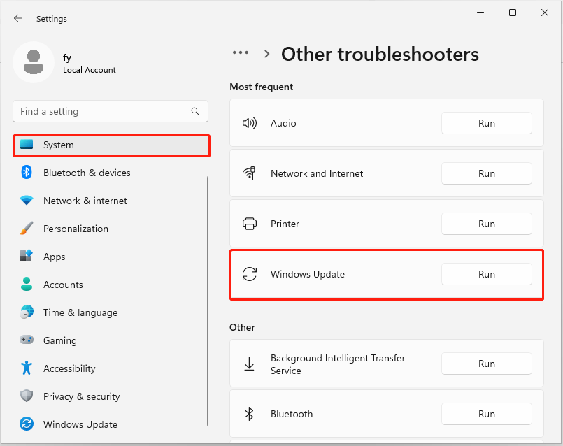 عیب یابی Windows Update را در تنظیمات سیستم اجرا کنید