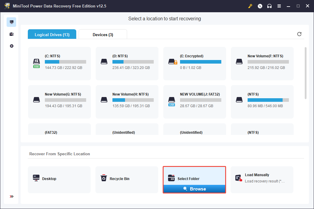 دایرکتوری را برای اسکن با استفاده از بازیابی اطلاعات Minitool Power انتخاب کنید