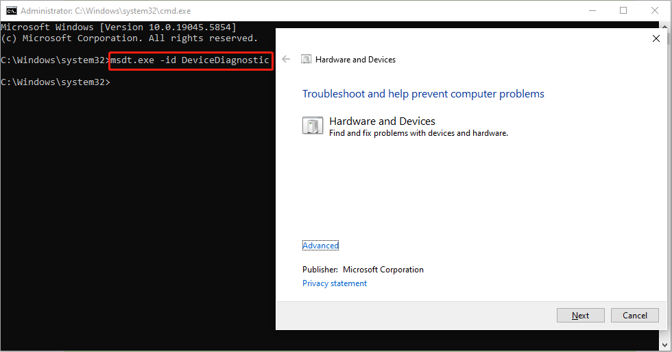 عیب یابی سخت افزار و دستگاه ها را اجرا کنید