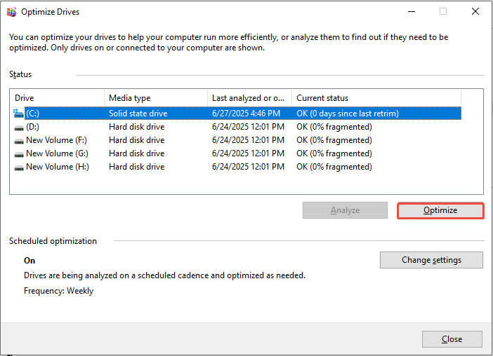 روی دکمه Optimize کلیک کنید