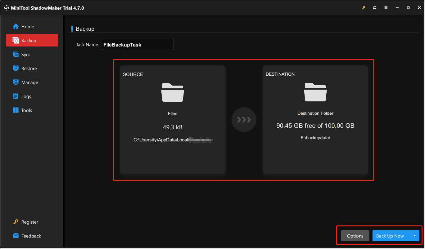 نسخه پشتیبان از پرونده ها در Minitool Shadowmaker