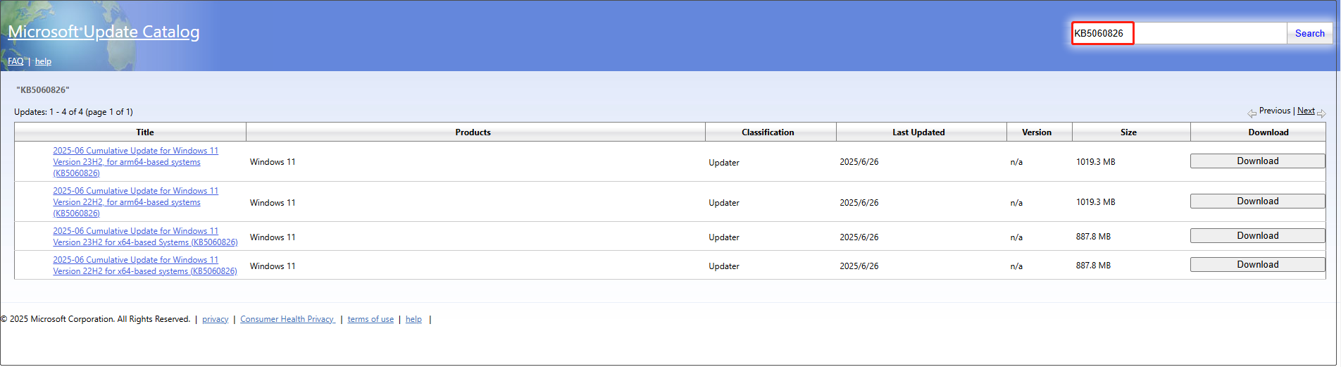 KB5060826 را از صفحه کاتالوگ به روزرسانی مایکروسافت بارگیری کنید