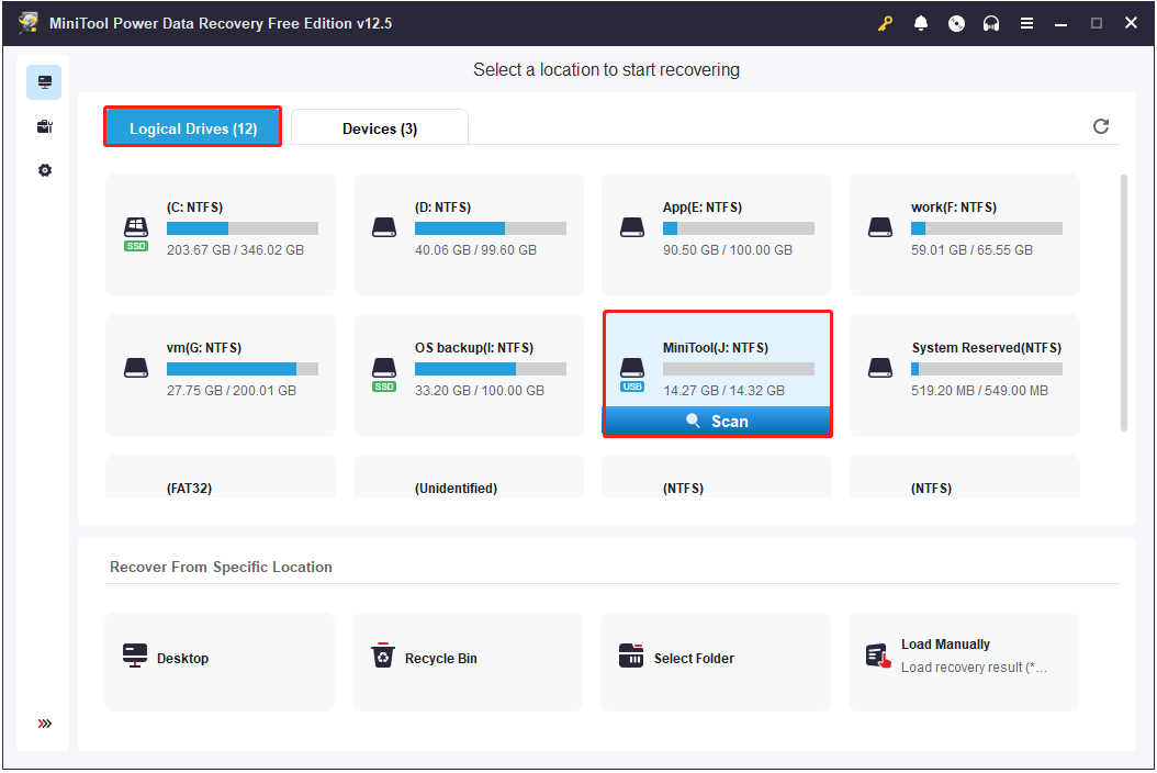 کارت SD را برای اسکن در بازیابی اطلاعات Minitool انتخاب کنید
