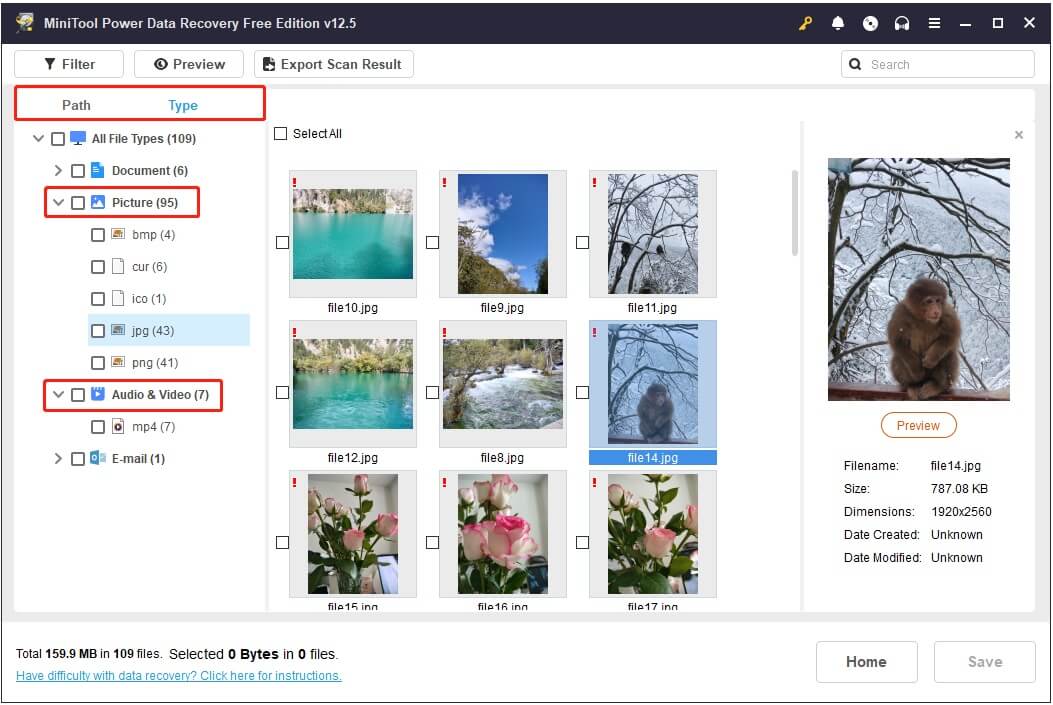 پرونده ها را در زیر مسیر پیدا کنید و در بازیابی اطلاعات قدرت Minitool تایپ کنید