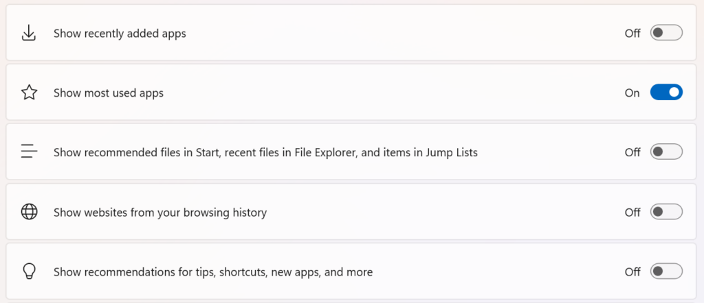 برای روشن/خاموش کردن ویژگیها در Start، در برنامه تنظیمات تغییر وضعیت میدهد.