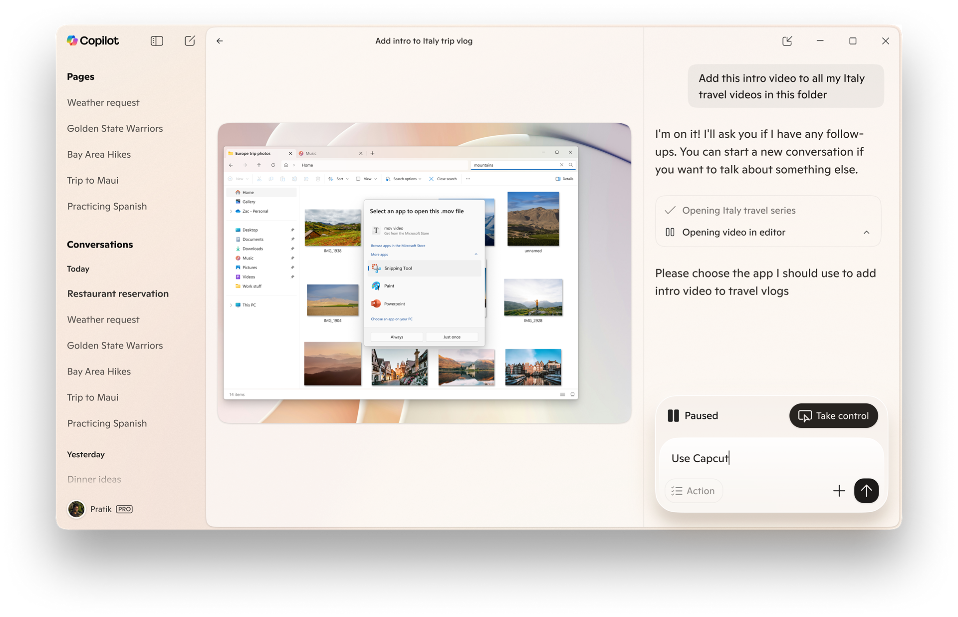 صفحه نمایش اقدامات Copilot.