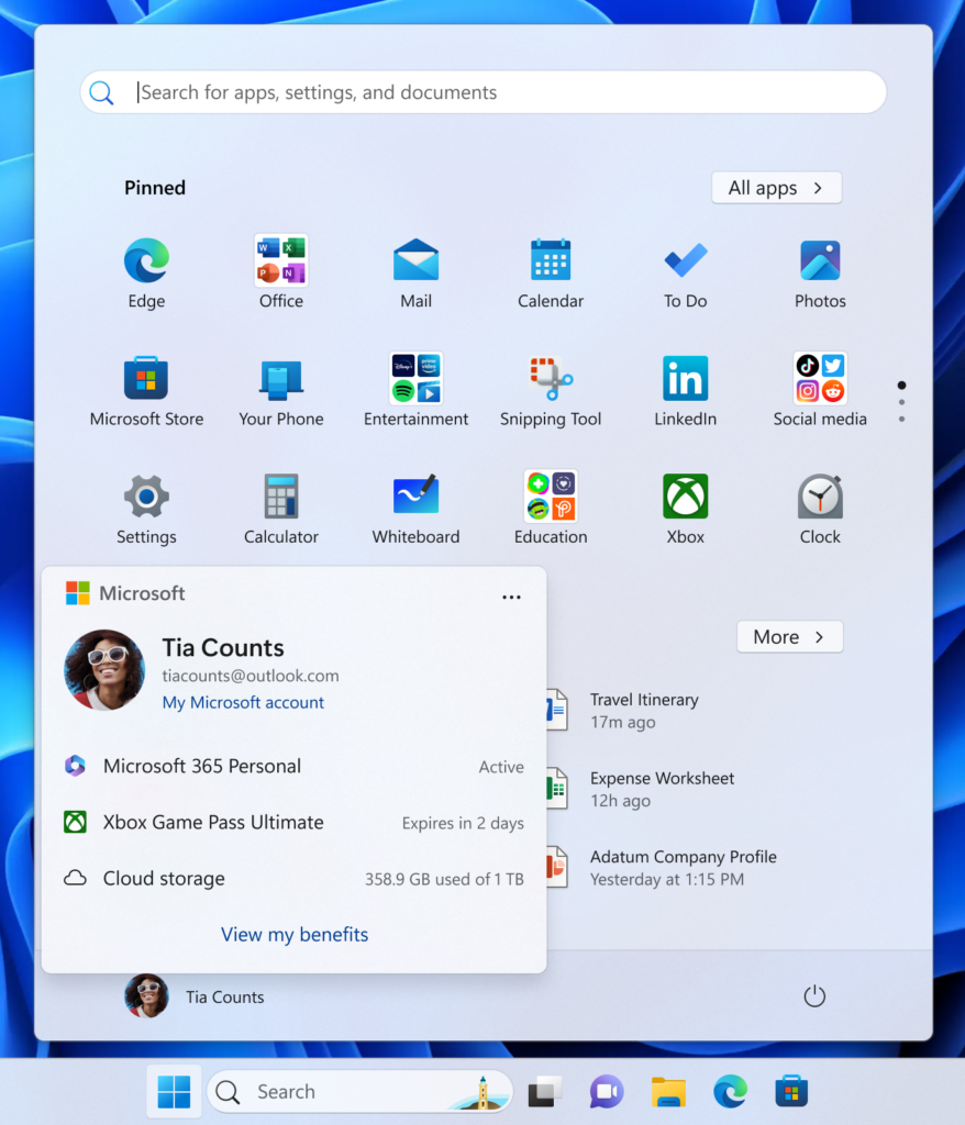 کنترل حساب در منوی استارت گزینه ای برای