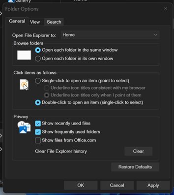 بهروزرسانیهای گفتگوی گزینههای پوشه در حالت تاریک.