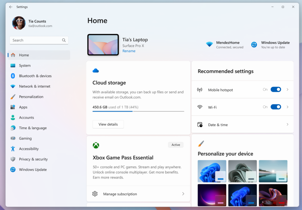 صفحه اصلی تنظیمات نشاندهنده برند و مزایای جدید Game Pass است.