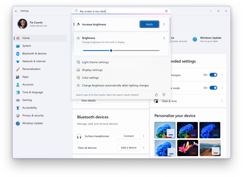 یک نوار پیمایش به نمایش نتایج جستجوی تنظیمات اضافه شده است تا همه نتایج را نشان دهد.
