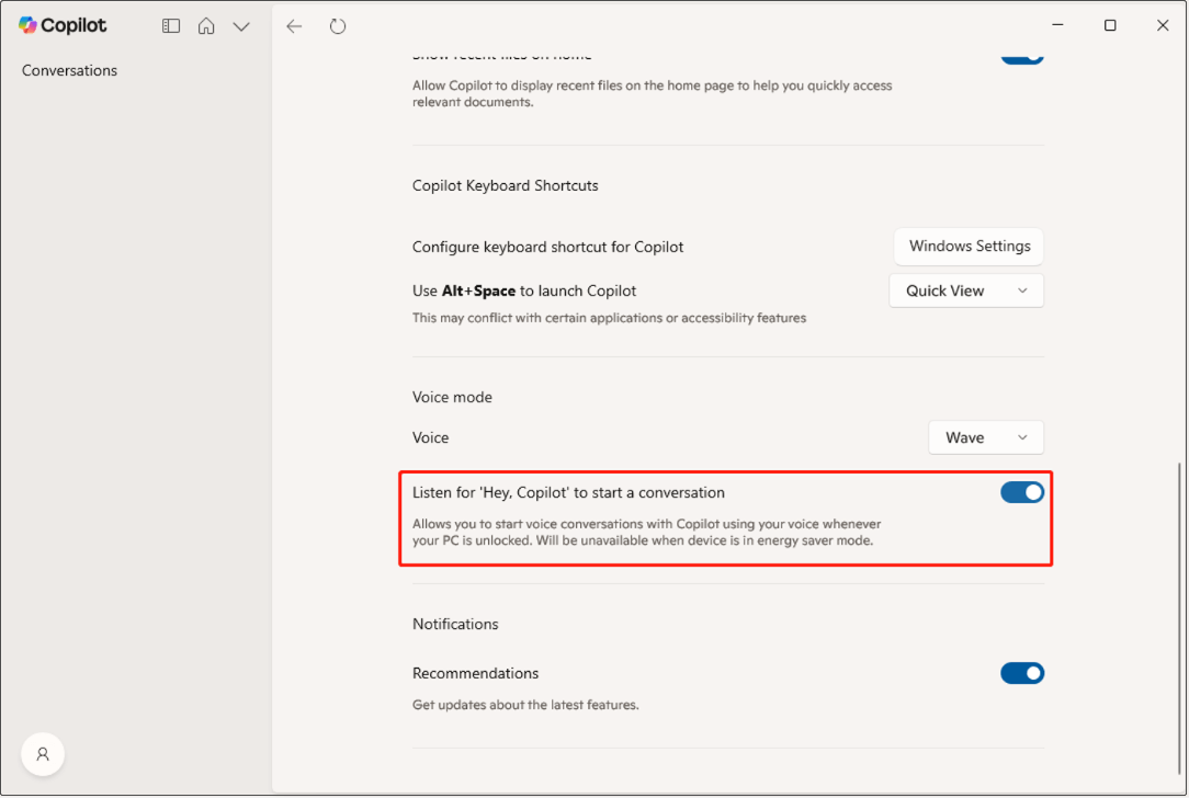 برای شروع مکالمه، گزینه Listen for 'Hey, Copilot' را روشن کنید