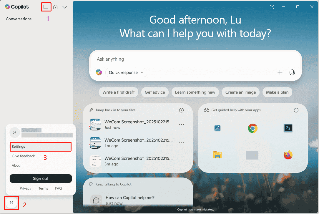 روی Account and Settings در Copilot کلیک کنید