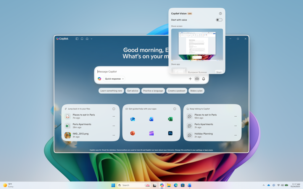 روی نماد عینک کلیک کنید، «شروع با صدا» را خاموش کنید و صفحه خود را به اشتراک بگذارید تا Vision با متن شروع شود.