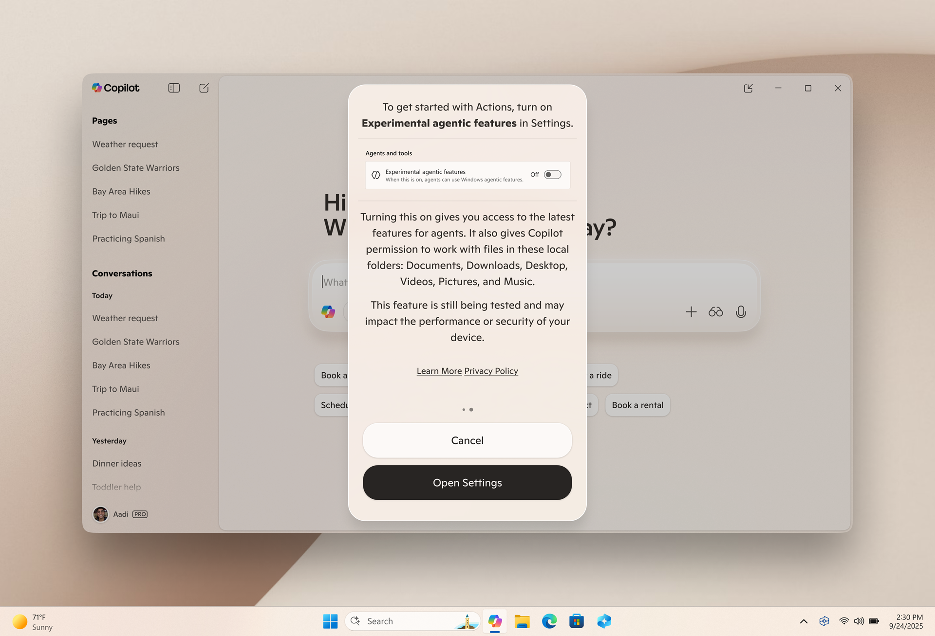 صفحه نمایش اقدامات Copilot.