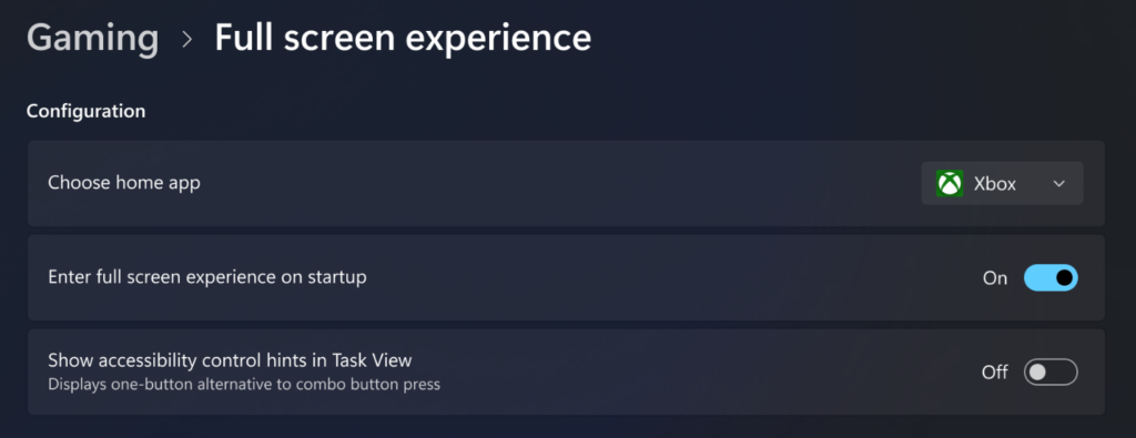 عکس صفحه تنظیمات گزینه‌های فعال‌سازی بازی و تجربه تمام صفحه را برای راه‌اندازی نشان می‌دهد.