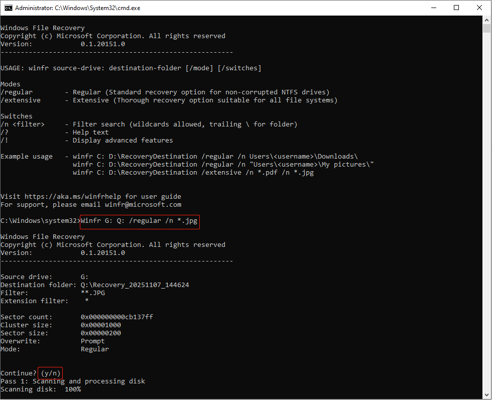 Winfr G: Q: /regular /n *.jpg را در پنجره Windows File Recovery تایپ کنید