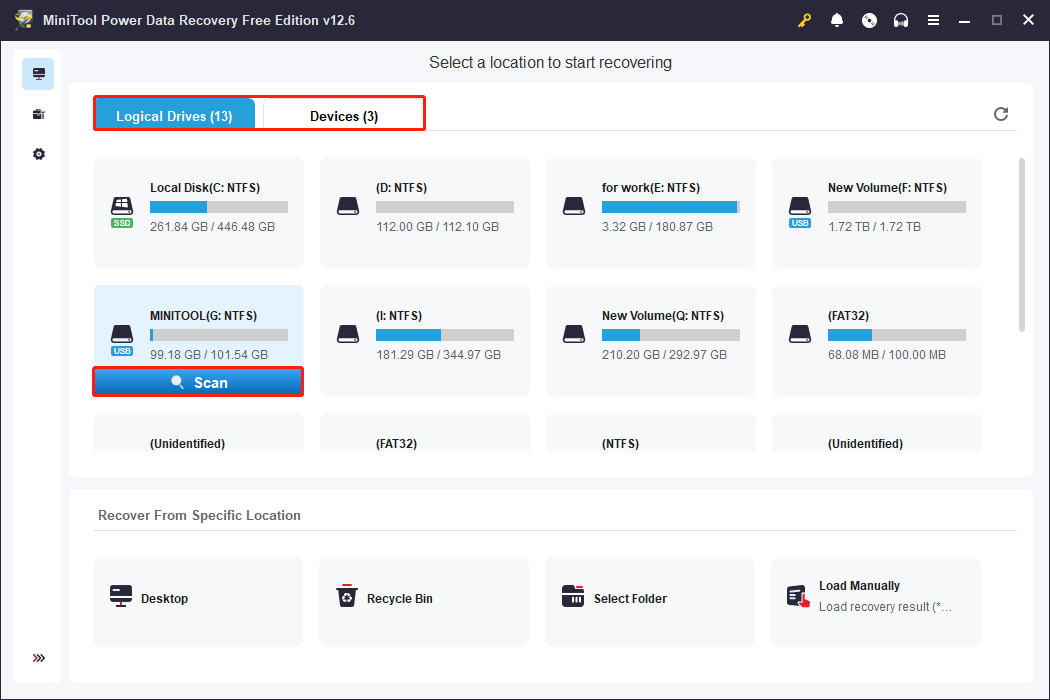 روی Scan در رابط اصلی MiniTool Power Data Recovery کلیک کنید