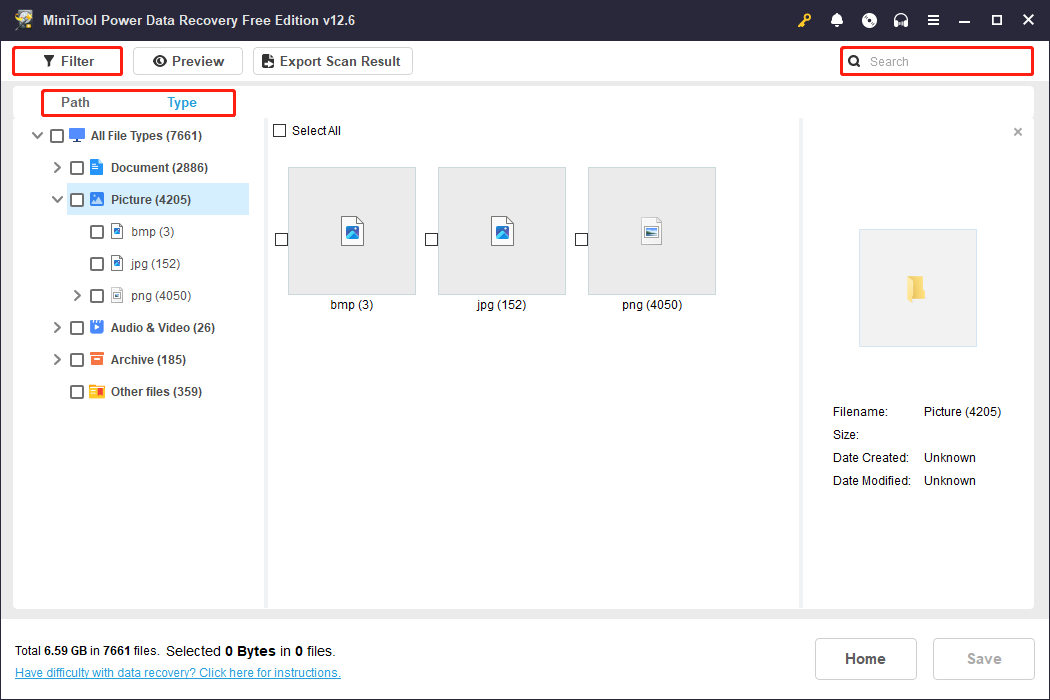 از مسیر، نوع، فیلتر، جستجو برای یافتن فایل های مورد نظر در MiniTool Power Data Recovery استفاده کنید