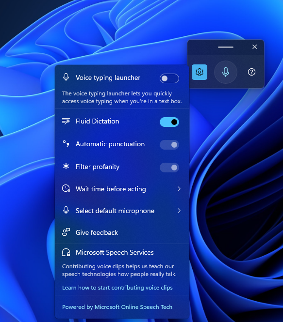رابط کاربری که کلید Fluid Dictation را در راهانداز تایپ صوتی نشان میدهد.
