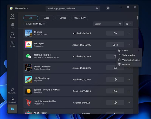 رابط کاربری که عملکرد حذف نصب برنامههای مدیریتشده توسط فروشگاه را از صفحه کتابخانه فروشگاه نشان میدهد.