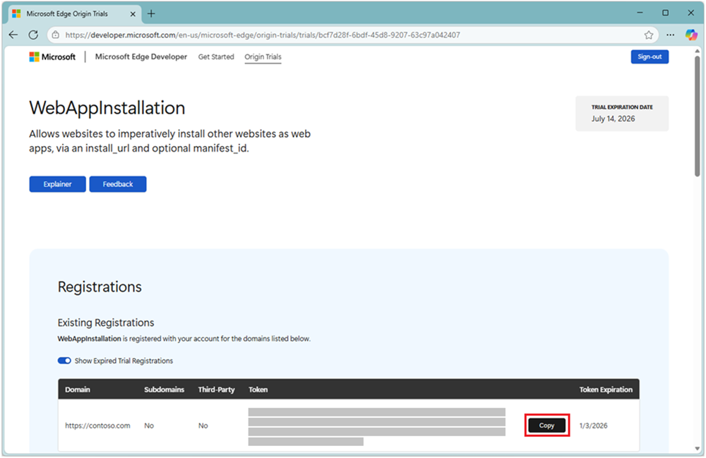 صفحه ای که نشانه مورد استفاده برای آزمایش اولیه Web Install را برای نام دامنه ثبت شده نشان می دهد.