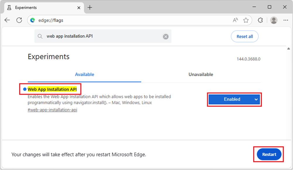 صفحه پرچم های داخلی در مایکروسافت اج که ورودی پرچم Web Install را نشان می دهد.
