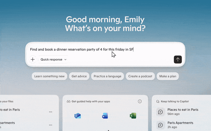 رابط کاربری نشان میدهد که چگونه Copilot Actions وظایف را مستقیماً روی فایلهای محلی در ویندوز در یک Agent Workspace انجام میدهد.