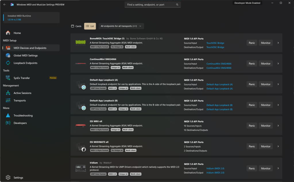 برنامه تنظیمات Windows MIDI Services