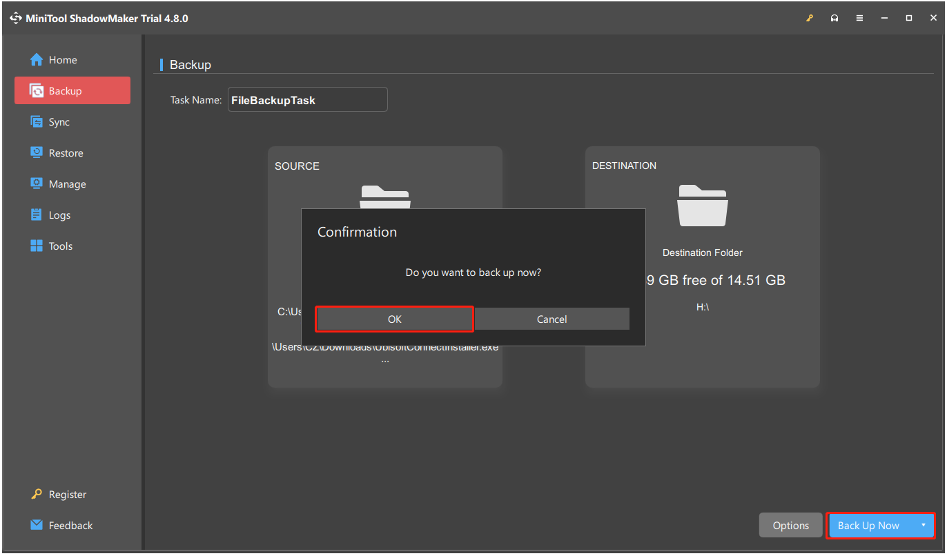 رابط کاربری MiniTool ShadowMaker با انتخاب Back Up Now و OK.
