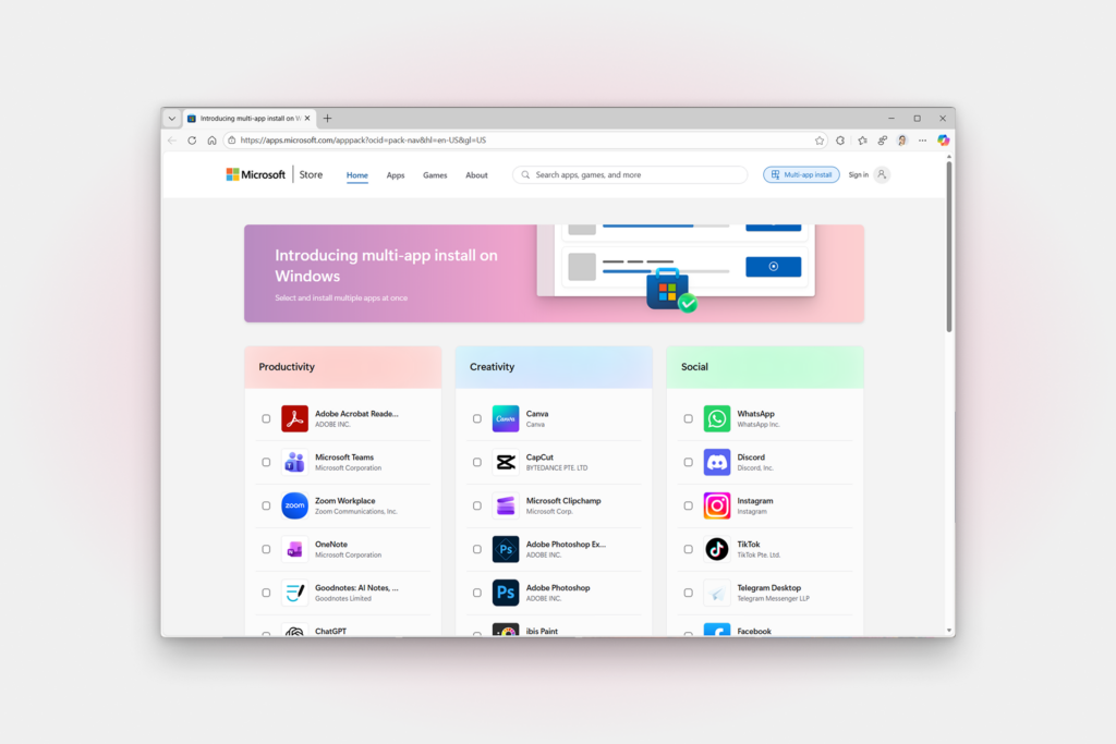 تصویر وبسایت که بستههای برنامه را نشان میدهد.