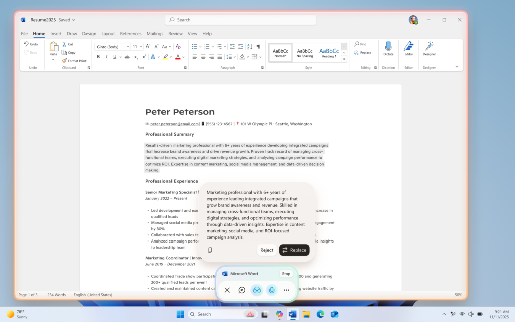 UI که اقدامات Copilot را برای ویرایش متن در طول جلسه Copilot Vision نشان می دهد.