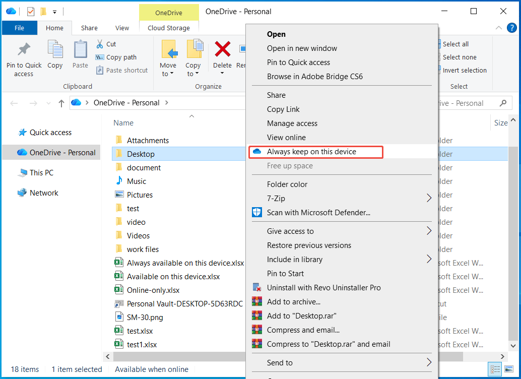 پنجره OneDrive در File Explorer با گزینه Always keep on this device انتخاب شده است.