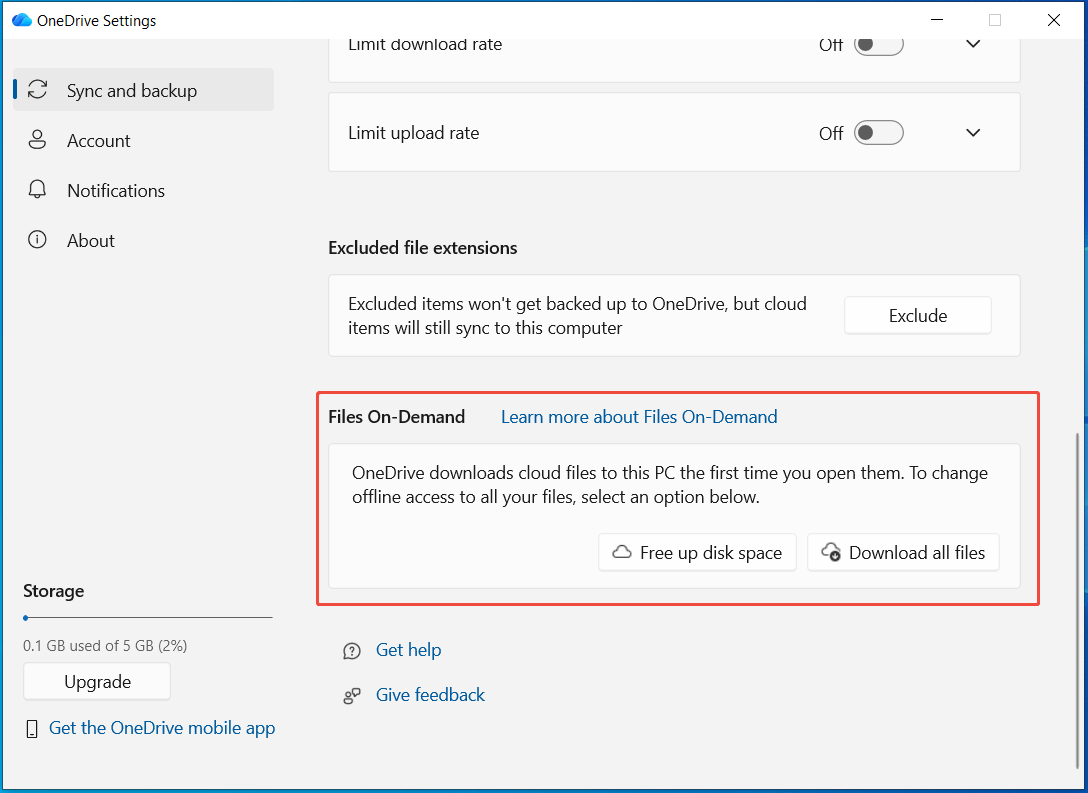 پنجره تنظیمات OneDrive با بخش Files On-Demand انتخاب شده.